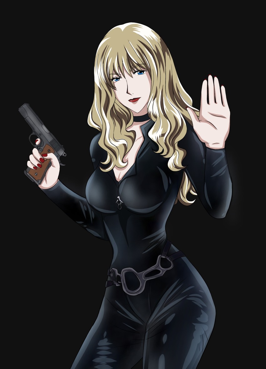 1girl, absurdres, blonde_hair, blue_eyes, catsuit, choker, cowboy_bebop, curls