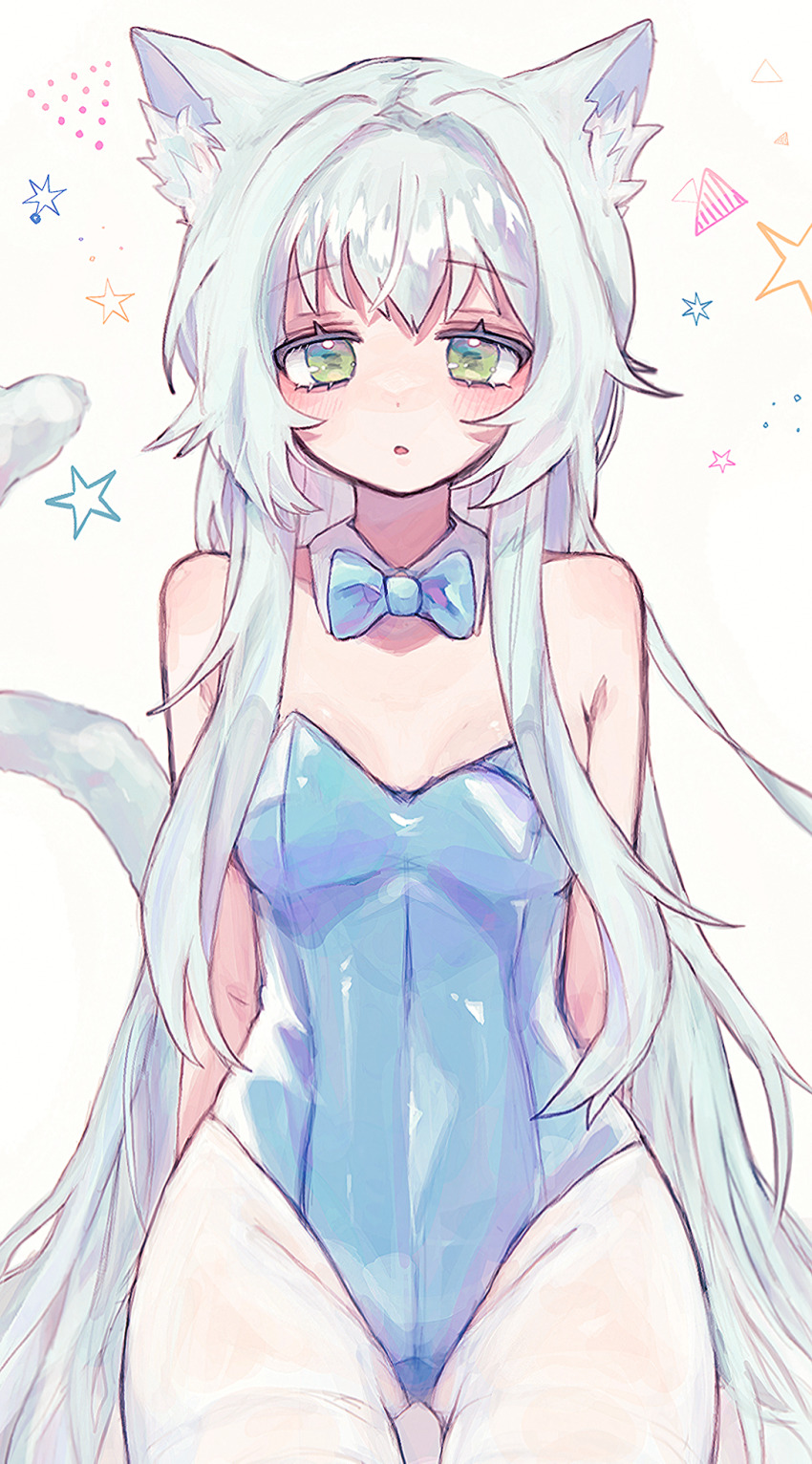 1girl, :o, alternate_costume, animal_ears, arknights, blue_bow, blue_bowtie, blue_leotard, bow, bowtie, breasts, cat_ears, cat_girl, cat_tail, collar, cowboy_shot, green_eyes, grey_hair, highres, kittysuit, leotard, long_hair, morita_(pixiv31883607), nontraditional_playboy_bunny, pantyhose, parted_lips, playboy_bunny, rosmontis_(arknights), sidelocks, simple_background, small_breasts, solo, star_(symbol), strapless, strapless_leotard, tail, thigh_gap, thighs, very_long_hair, white_background, white_collar, white_pantyhose