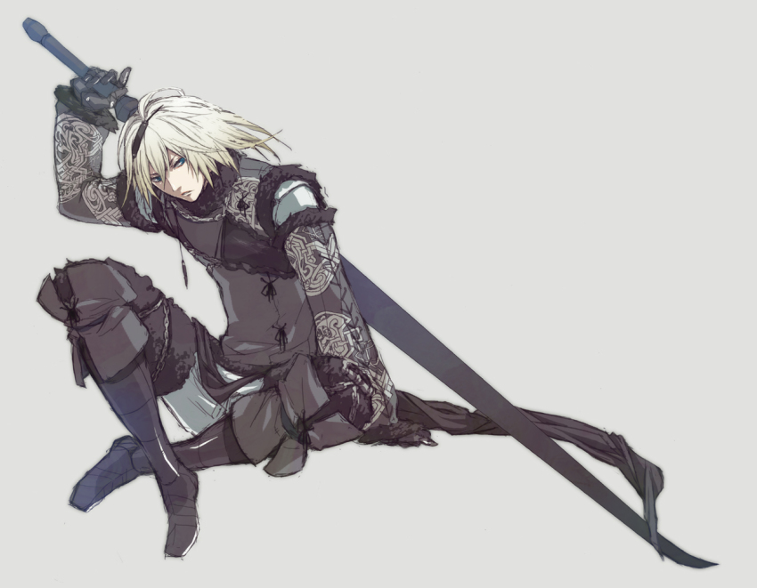 1boy, aged_down, bad_id, bad_pixiv_id, beniyama, blonde_hair, blue_eyes, clothes, full_body, grey_background, male_focus, nier, nier_(brother), nier_(brother)_(post_timeskip), nier_(series), simple_background, sitting, solo, sword, weapon, white_hair