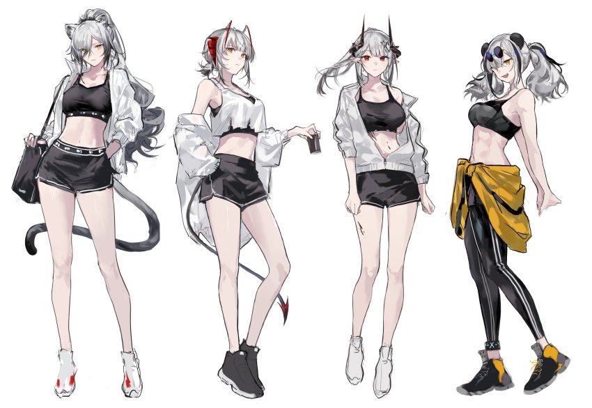 4girls, absurdres, alternate_costume, alternate_hairstyle, animal_ears, antenna_hair, arknights, bag, bare_legs, bare_shoulders, black_pants, black_shorts, cat_ears, cat_tail, clothes_around_waist, crop_top, demon_horns, duffel_bag, eyewear_on_head, feater_(arknights), feater_(dojo_star)_(arknights), full_body, grey_hair, hair_over_one_eye, highres, horns, jacket, jacket_around_waist, leggings, long_hair, long_sleeves, material_growth, midriff, mudrock_(arknights), multicolored_hair, multiple_girls, navel, off_shoulder, official_alternate_costume, open_clothes, open_jacket, oripathy_lesion_(arknights), panda_ears, panda_girl, pants, pointy_ears, ponytail, purple-tinted_eyewear, ryat, schwarz_(arknights), shoes, short_hair, short_shorts, shorts, simple_background, sports_bra, standing, stomach, sunglasses, tachi-e, tail, tank_top, thighs, tinted_eyewear, twintails, very_long_hair, w_(arknights), white_background, white_footwear, white_hair, white_jacket, white_tank_top, yellow_eyes, yellow_jacket, yoga_pants