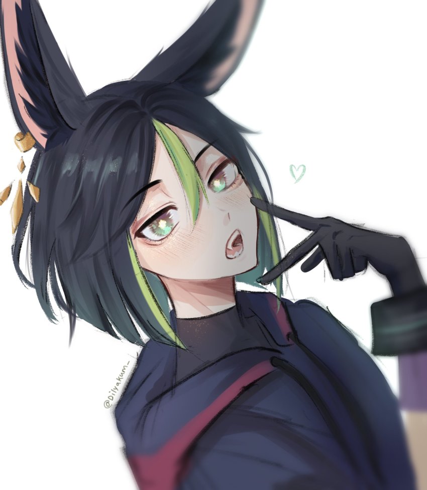 1boy, animal_ears, black_hair, blunt_bangs, blush, dilyakum, ear_piercing, fangs