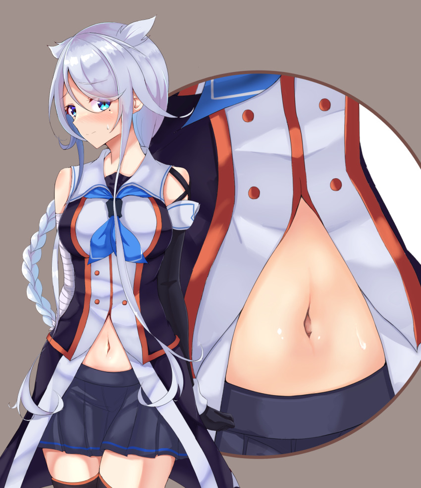 1girl, black_gloves, black_serafuku, black_skirt, black_thighhighs, blue_eyes, blue_neckerchief, braid