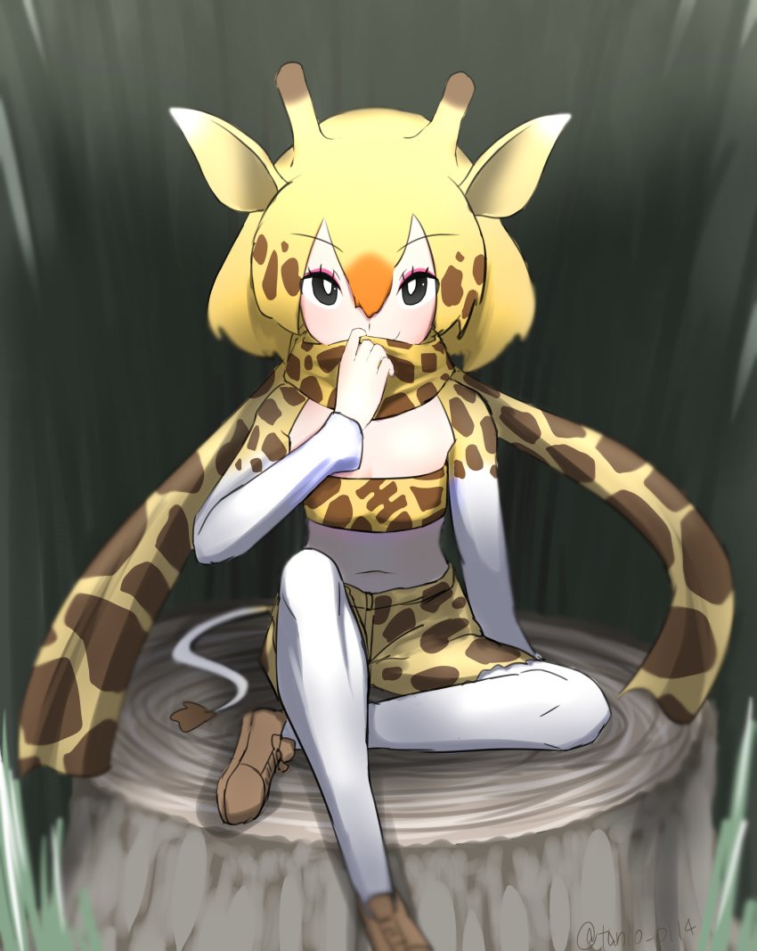 1girl, absurdres, animal_costume, animal_ear_fluff, animal_ears, animal_print, black_eyes, blonde_hair, bra, giraffe_ears, giraffe_horns, giraffe_print, giraffe_tail, highres, horns, juuou_giraffe_(kemono_friends), kemono_friends, looking_at_viewer, multicolored_hair, pants, pantyhose, scarf, shoes, short_hair, sitting, solo, tail, tanio_(tanio_0114), underwear