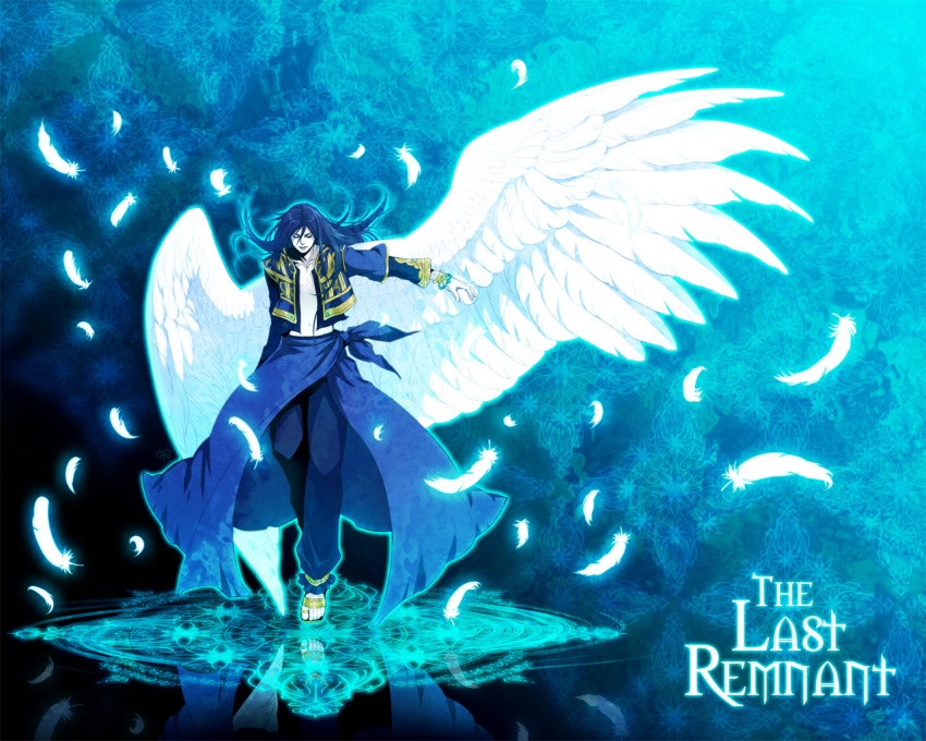 1boy, angel_wings, aqua_background, bad_id, bad_pixiv_id, blue_hair, blue_theme, coat, copyright_name, closed_eyes, feathers, hataka_nohito, long_hair, male_focus, pants, solo, the_conqueror, the_last_remnant, wings