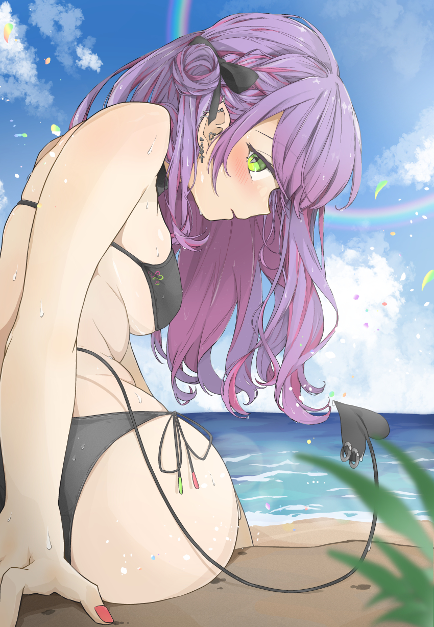 1girl, absurdres, ass, bikini, black_bikini, black_ribbon, blue_sky, blurry