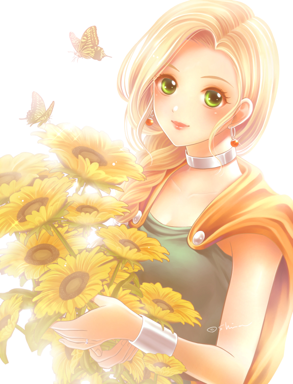 1girl, bianca_(dq5), blonde_hair, bracelet, braid, bug, butterfly, cape, choker, dragon_quest, dragon_quest_v, dress, earrings, flower, green_dress, green_eyes, holding, holding_flower, insect, jewelry, lips, long_hair, orange_cape, red_lips, ring, shina_art, side_braid, single_braid, sleeveless, sleeveless_dress, solo, square_enix, sunflower, upper_body, white_background