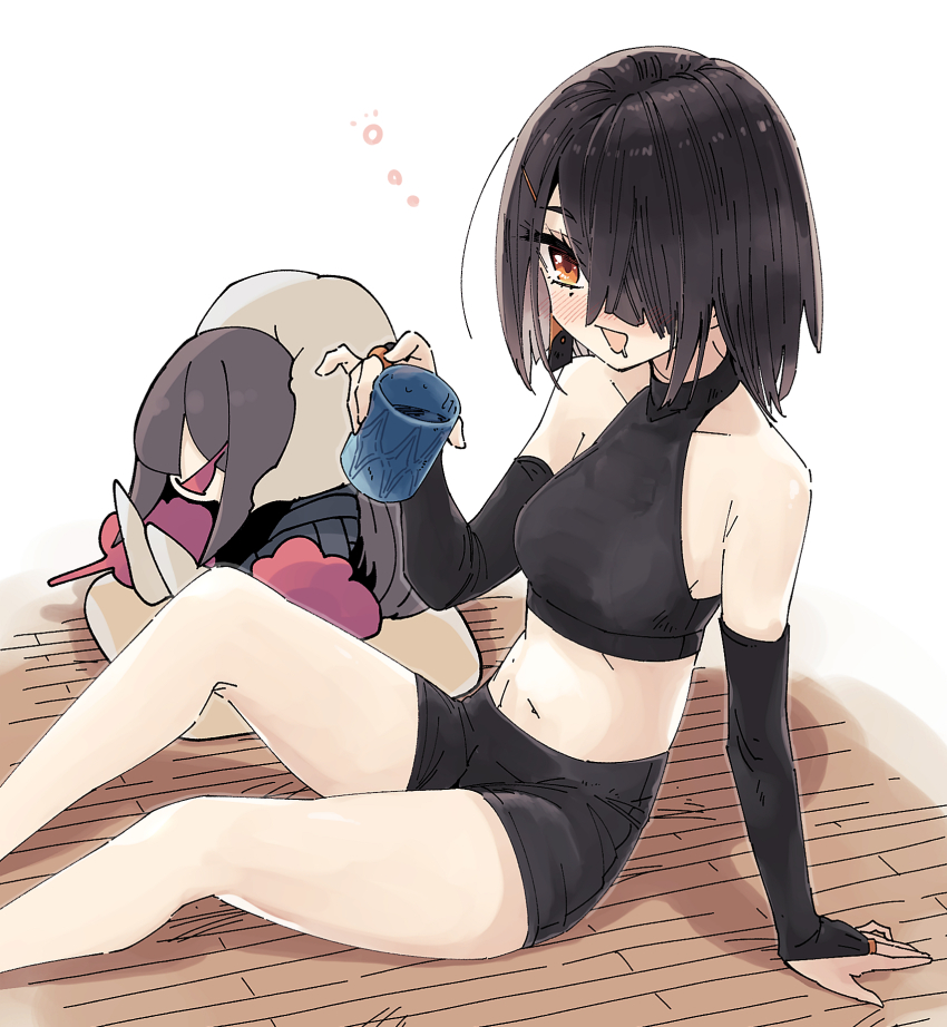 1girl, bare_shoulders, bike_shorts, black_hair, blush, character_doll, collarbone, crop_top