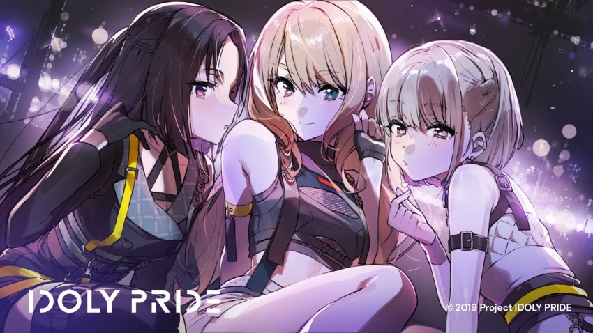 3girls, blonde_hair, fran_(idoly_pride), grey_hair, guest_art, highres, idol, idoly_pride