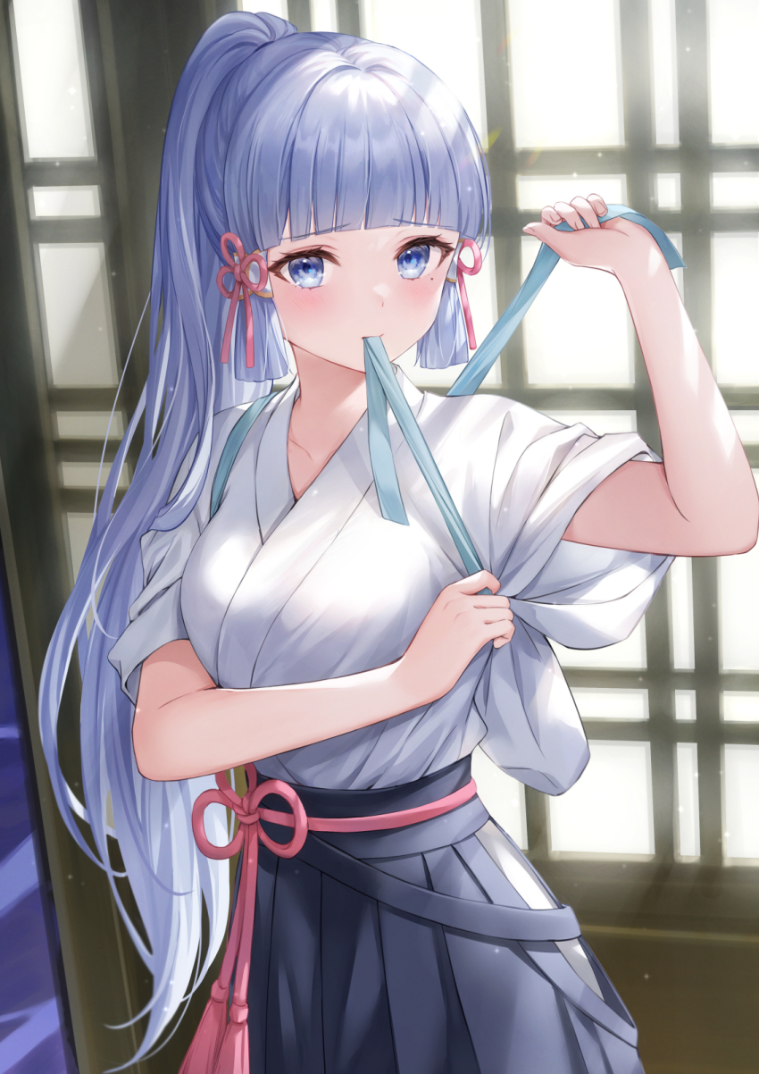 1girl, ayaka_(genshin_impact), blue_eyes, blue_hair, blue_hakama, blunt_bangs, blush, breasts