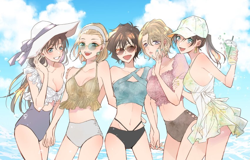 5girls, bikini, breasts, cleavage, drink, glasses, hairband, hat, highres, holding_hands, hucchaina, long_hair, meitantei_conan, midriff, mouri_ran, multiple_girls, nail_polish, navel, ocean, oooka_momiji, ponytail, round_eyewear, sera_masumi, sun_hat, suzuki_sonoko, swimsuit, tooyama_kazuha