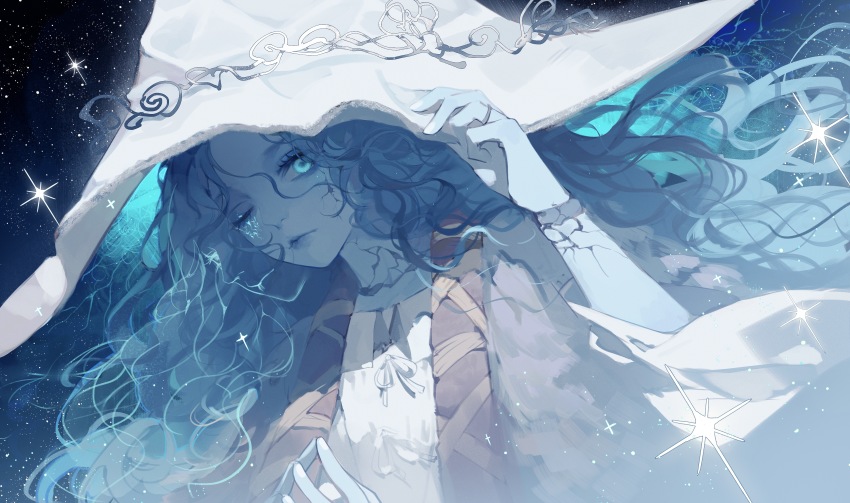 1girl, absurdres, blue_eyes, blue_hair, blue_skin, chinese_commentary, cloak, colored_skin, commentary_request, cracked_skin, dutch_angle, elden_ring, expressionless, extra_arms, extra_faces, fur_cloak, glowing, glowing_eye, hand_on_headwear, hand_up, hat, highres, jewelry, long_hair, looking_at_viewer, mugoa_mugo, night, one_eye_closed, outdoors, portrait, ranni_the_witch, ring, sky, solo, sparkle, star_(sky), starry_sky, wavy_hair, white_hat, witch_hat