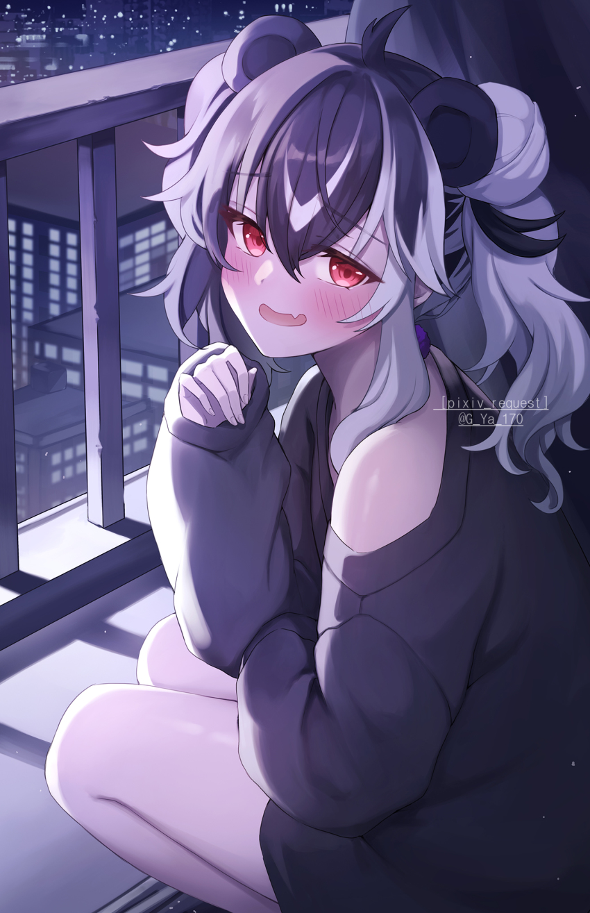 1girl, :d, ahoge, animal_ears, bare_shoulders, bear_ears, black_hair, black_shirt