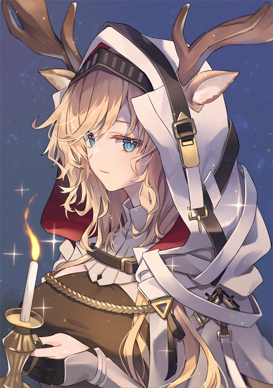 1girl, animal_ears, antlers, horns_through_headwear, arknights, black_ribbon, black_shirt, blonde_hair