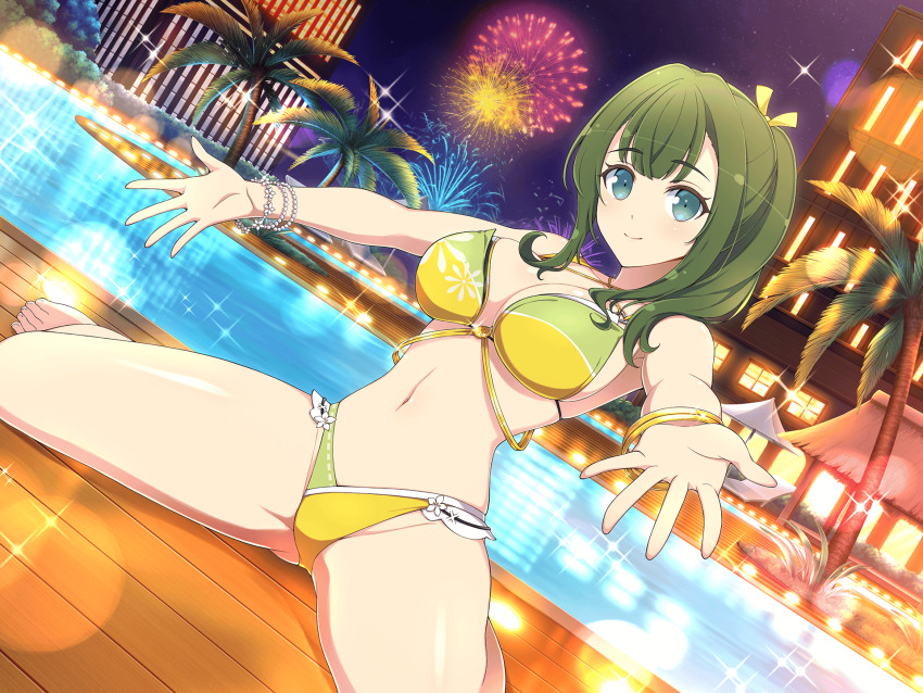 1girl, bikini, blue_eyes, bracelet, breasts, deck_chair, fireworks, folding_chair
