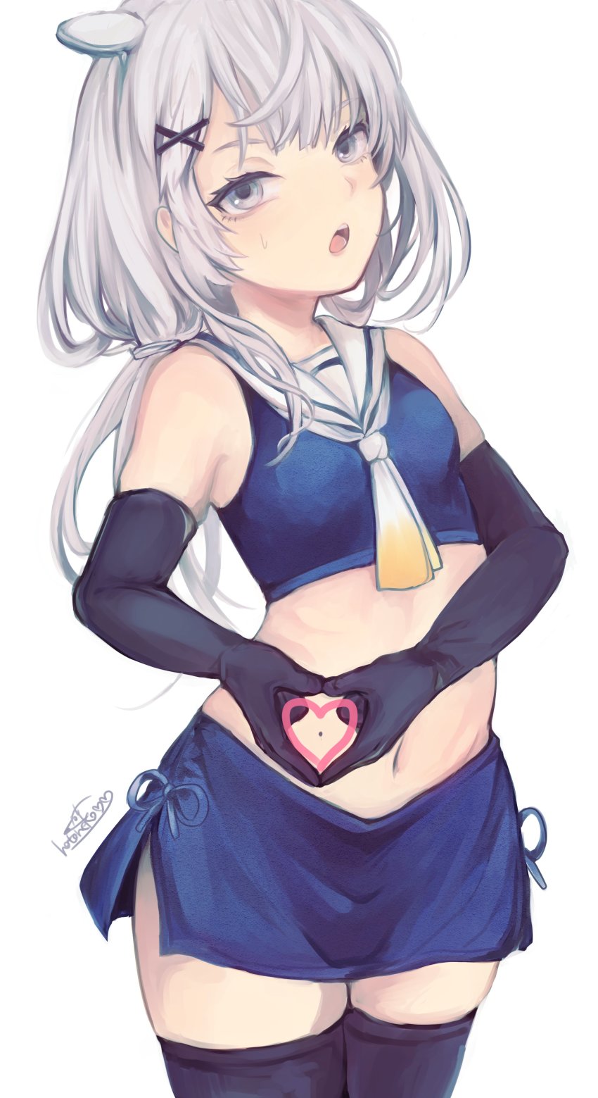 1girl, absurdres, blue_skirt, breasts, cowboy_shot, crop_top, fake_horns, grey_eyes