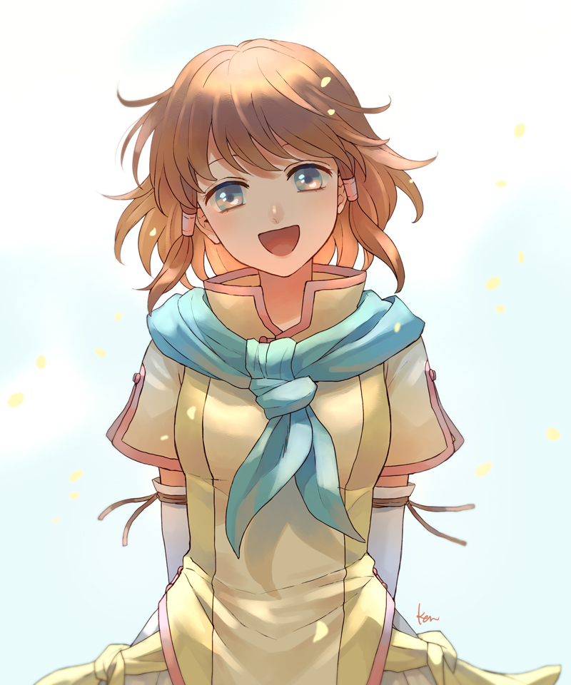 1girl, :d, akke, blue_eyes, brown_hair, detached_sleeves, fire_emblem, fire_emblem:_path_of_radiance