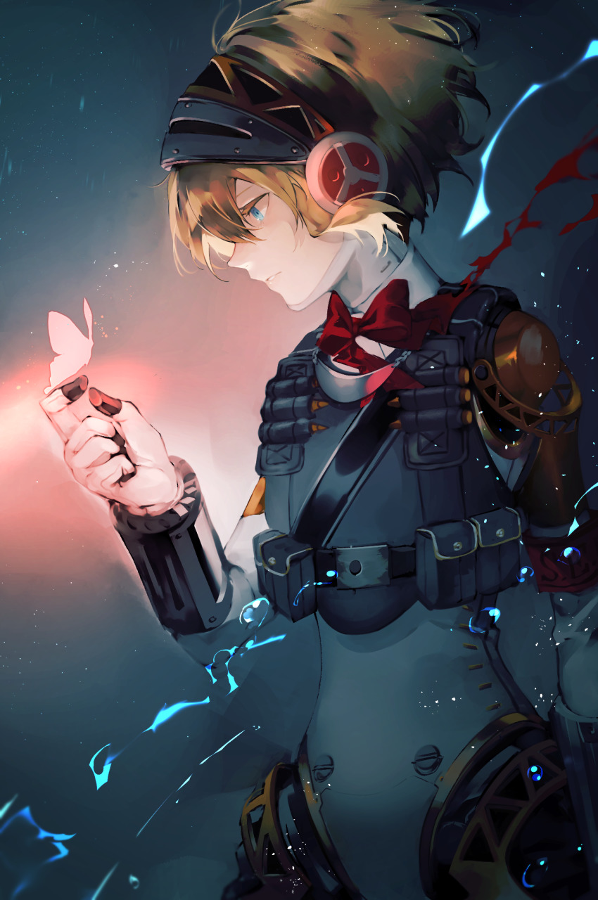 1girl, aigis_(persona), android, blonde_hair, blue_eyes, bug, bulletproof_vest, butterfly