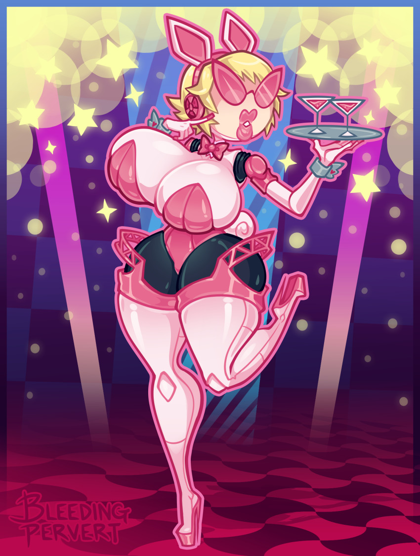 1girl, aigis_(persona), beach, bimbofication, blonde_hair, blue_eyes, blush, breasts