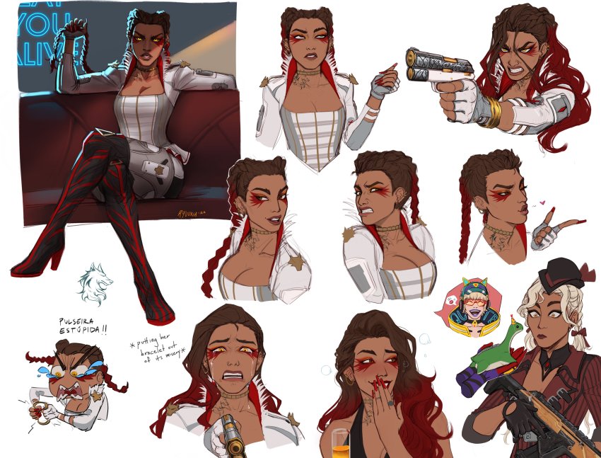 ^_^, absurdres, animal_ear_headphones, animal_ears, apex_legends, black_gloves, black_headwear, bootlegger_loba, braid, breasts, cat_ear_headphones, cat_ears, cleavage, clenched_teeth, closed_eyes, cropped_jacket, crossed_legs, english_text, fake_animal_ears, gloves, grace_kim_(ryuuna), gun, hair_behind_ear, handgun, headphones, highres, holding, holding_gun, holding_weapon, jacket, large_breasts, loba_(apex_legends), mixed-language_text, multiple_expressions, multiple_views, nessie_(respawn), official_alternate_costume, open_mouth, p2020_(pistol), pistol, portuguese_text, purple_lips, r-301_carbine, red_jacket, sitting, smile, surprised, teeth, thunder_kitty_wattson, trigger_discipline, twin_braids, wattson_(apex_legends), weapon, white_jacket, yellow_eyes