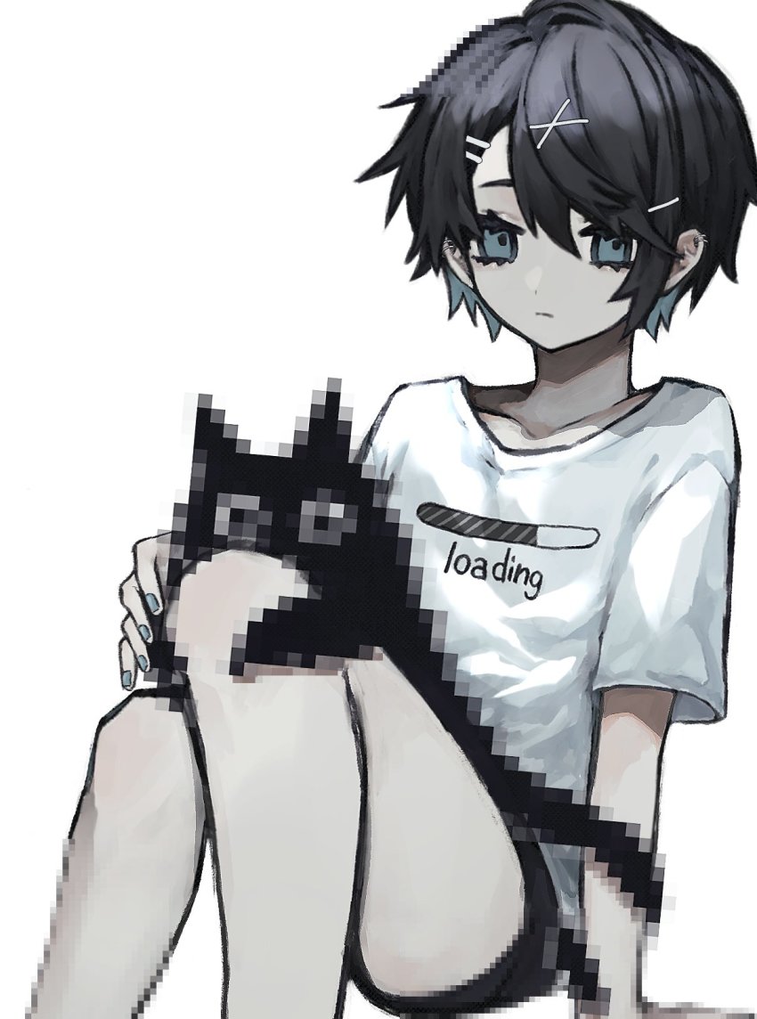 1girl, aegyo_sal, animal, animal_on_lap, black_cat, black_hair, black_shorts, blue_eyes