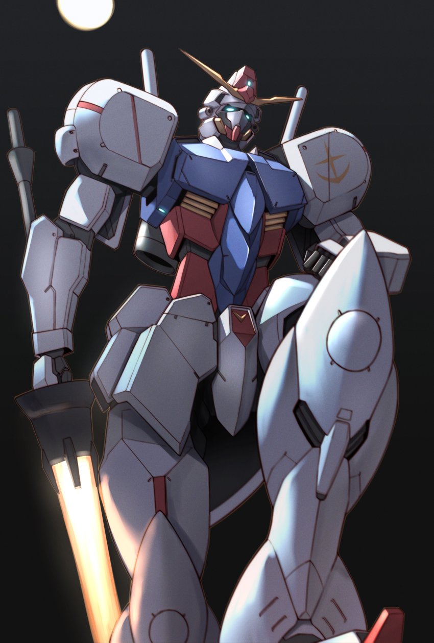 absurdres, blue_eyes, energy_lance, fusion, glowing, glowing_eyes, grey_background, gundam