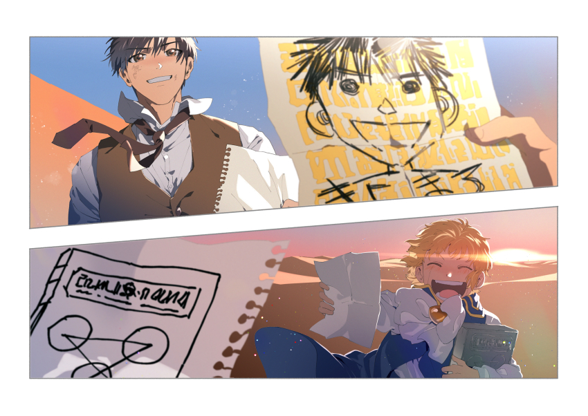 2boys, black_hair, blonde_hair, book, bow, brown_eyes, child's_drawing, closed_eyes