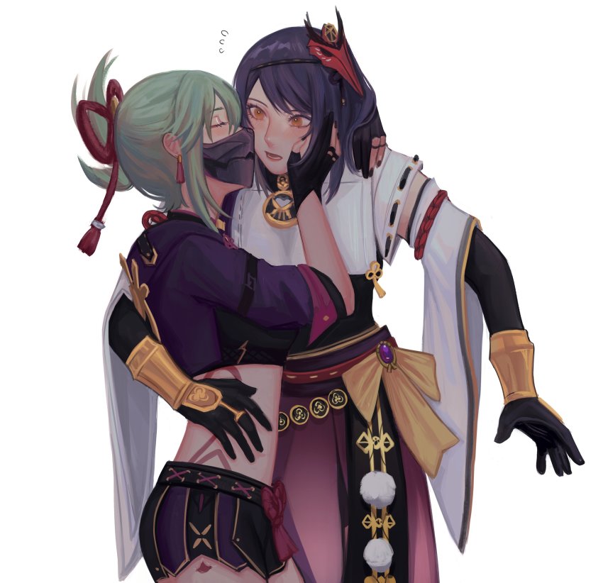 2girls, absurdres, arm_around_another's_waist, blue_hair, blush, closed_eyes, detached_sleeves, earrings