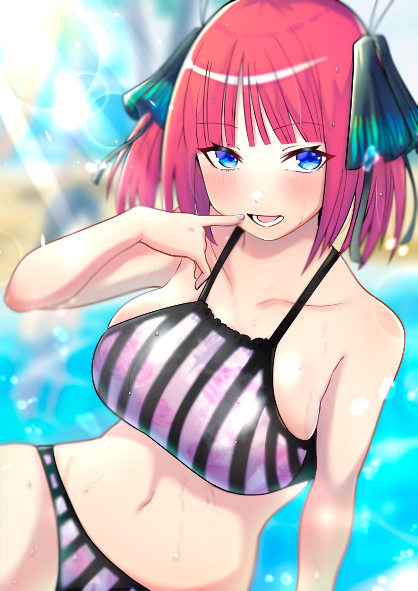 1girl, :d, absurdres, bare_shoulders, beach, bikini, black_ribbon, blue_eyes