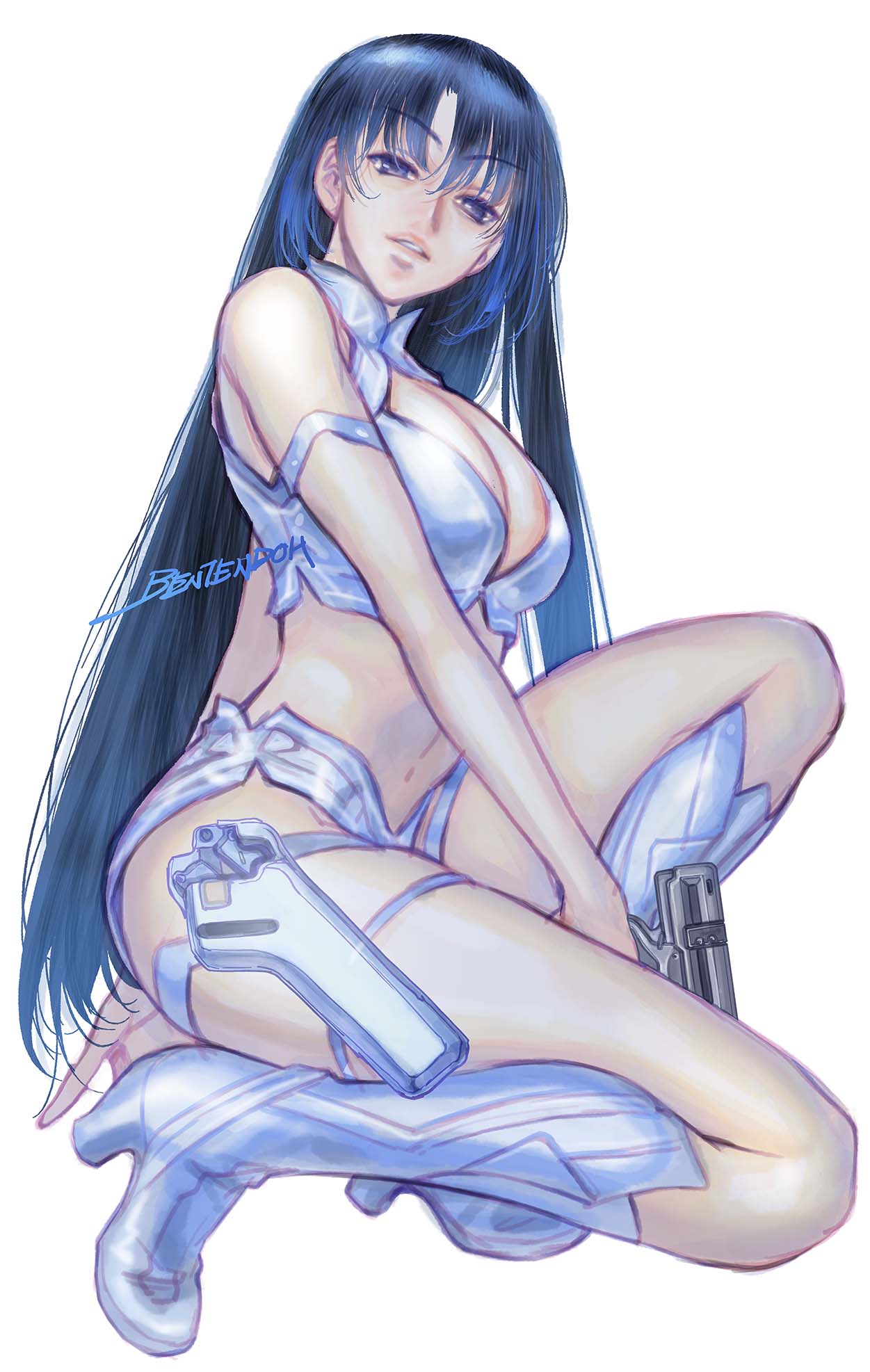 1girl, blue_eyes, blue_hair, boots, breasts, cleavage, cleavage_cutout, clothing_cutout