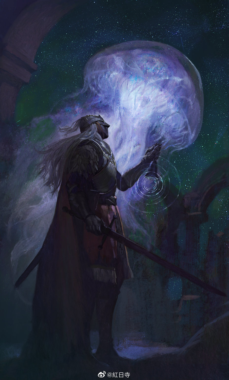 1other, ambiguous_gender, arch, armor, aurelia_(elden_ring), bell, breastplate, chinese_commentary