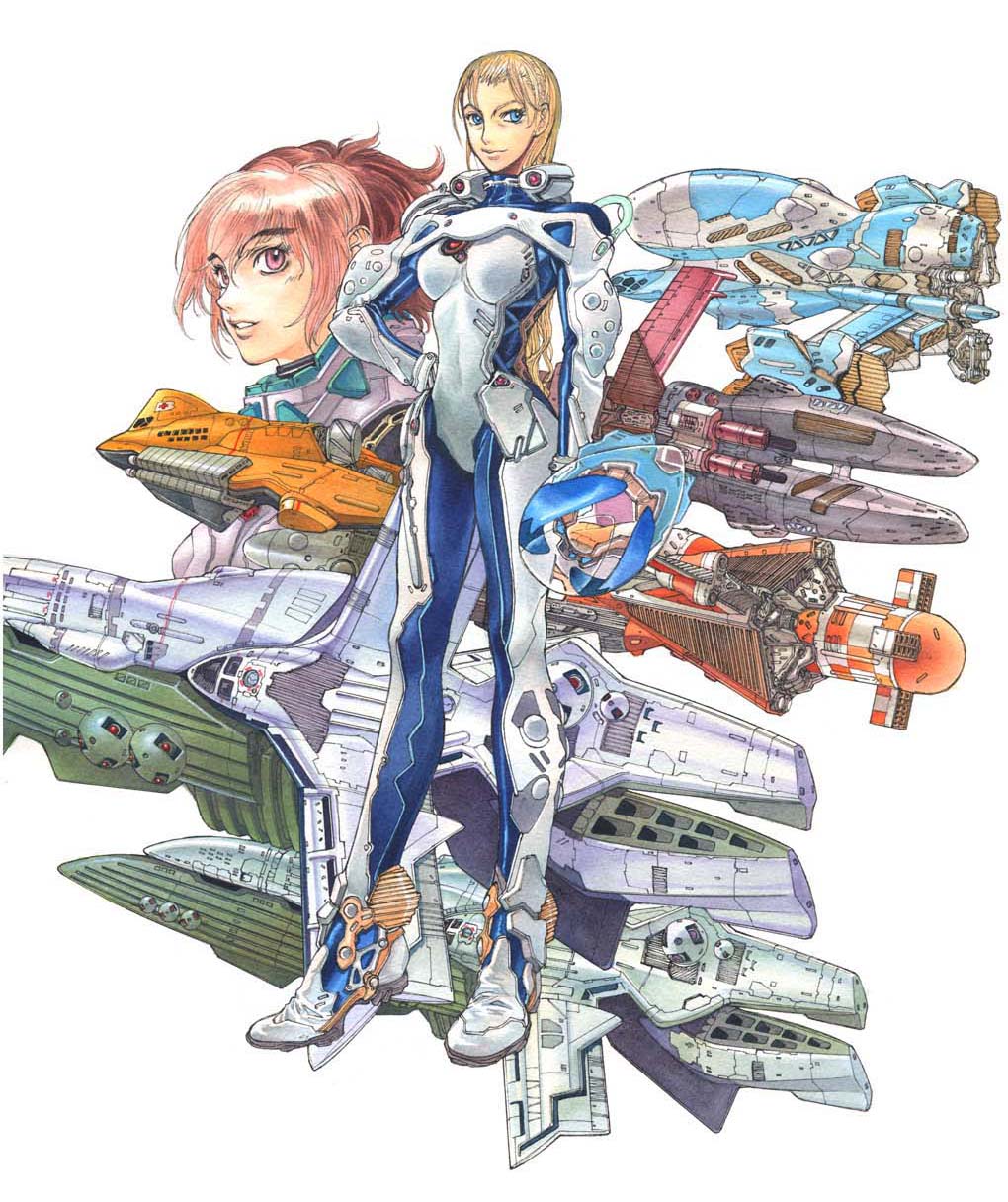 2girls, breasts, covered_navel, hand_on_own_hip, unworn_headwear, helmet, unworn_helmet, highres