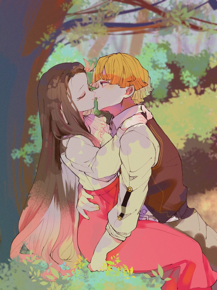 1boy, 1girl, agatsuma_zenitsu, ascot, black_hair, black_vest, blonde_hair, blurry