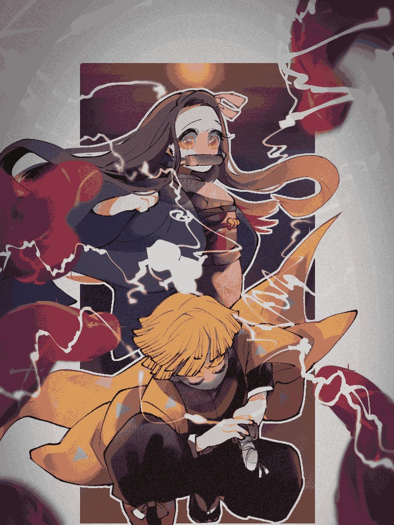 1girl, agatsuma_zenitsu, asa_no_ha_(pattern), bit_gag, black_hair, black_pants, blonde_hair, blurry