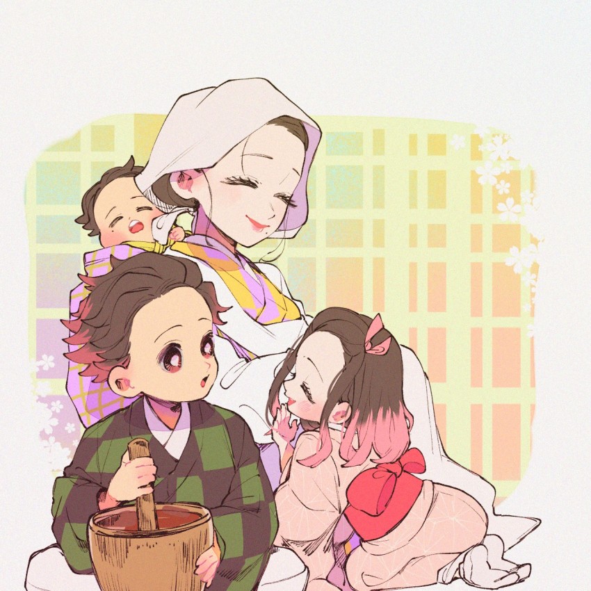 2boys, 2girls, aged_down, apron, baby, babywearing, black_hair, blush, bob_cut, brother_and_sister, brothers, checkered_clothes, child, closed_eyes, closed_mouth, colored_tips, f19ed814, facing_viewer, family_bonding, hair_ribbon, hair_slicked_back, hand_up, happy, headdress, highres, japanese_clothes, kamado_kie, kamado_nezuko, kamado_takeo, kamado_tanjirou, kappougi, kimetsu_no_yaiba, kimono, leaning_forward, long_sleeves, looking_at_another, looking_away, looking_to_the_side, mole, mole_under_eye, mole_under_mouth, mortar_(bowl), mother_and_child, mother_and_daughter, mother_and_son, multicolored_hair, multiple_boys, multiple_girls, obi, pants, parent_and_child, pestle, pink_hair, pink_ribbon, red_hair, ribbon, sash, seiza, short_hair, siblings, sitting, smile, streaked_hair, two-tone_hair, updo