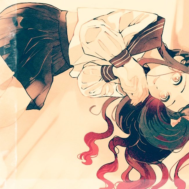 1girl, black_hair, black_skirt, closed_mouth, cowboy_shot, f19ed814, hair_ribbon, hands_up, kamado_nezuko, kimetsu_no_yaiba, long_hair, long_sleeves, looking_at_viewer, lying, midriff_peek, miniskirt, multicolored_hair, on_side, pink_eyes, pink_ribbon, pleated_skirt, red_hair, ribbon, school_uniform, serafuku, sideways_glance, skirt, smile, solo, streaked_hair, two-tone_hair