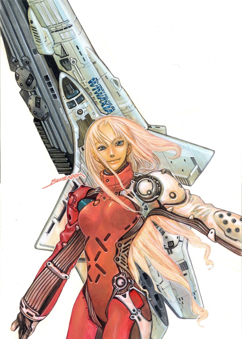 1girl, blonde_hair, blue_eyes, breasts, floating_hair, gloves, grey_gloves, highres, looking_at_viewer, medium_breasts, official_art, pilot_suit, rokurou_karasu, science_fiction, smile, solo, spacecraft, strega!, white_background, yonemura_kouichirou