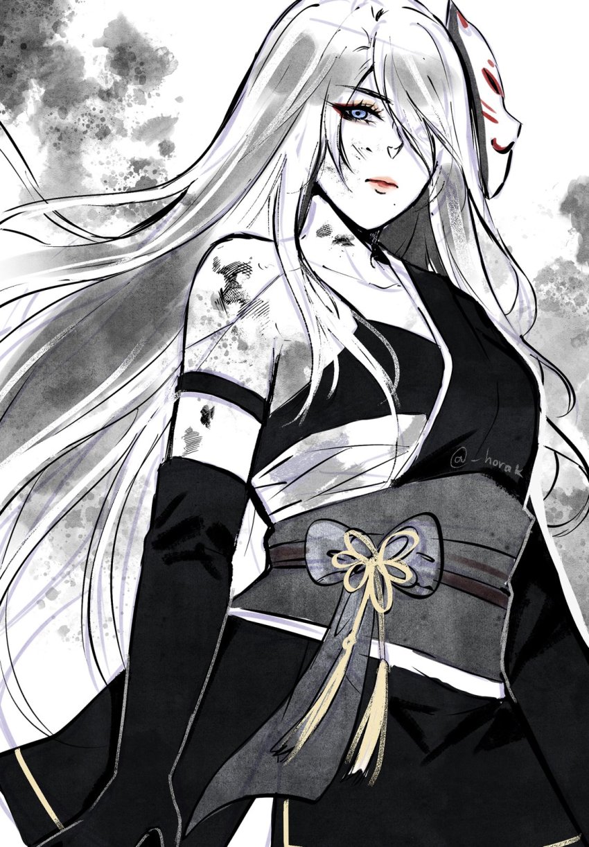 1girl, a2_(nier:automata), armlet, black_dress, black_gloves, blue_eyes, bow, closed_mouth