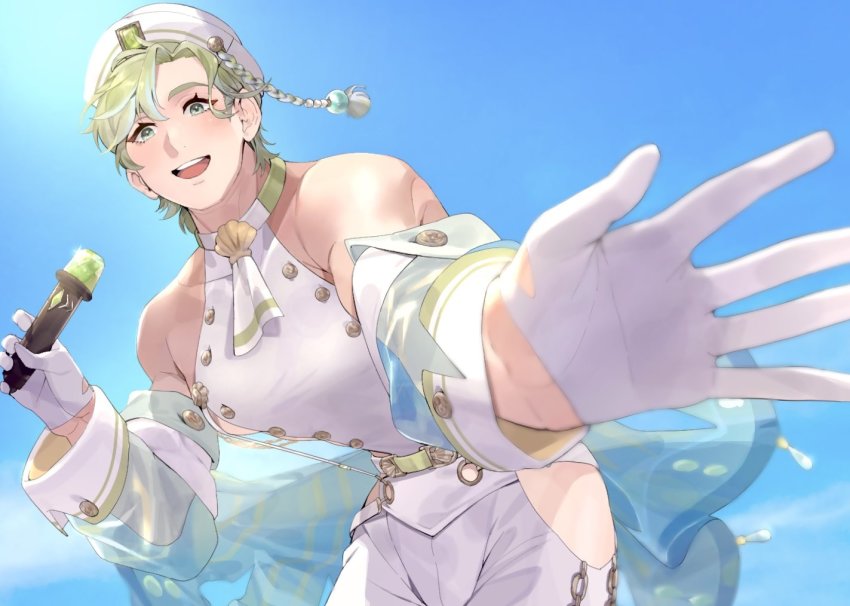 1boy, blue_sky, detached_sleeves, gem, gloves, green_eyes, green_hair, half_gloves