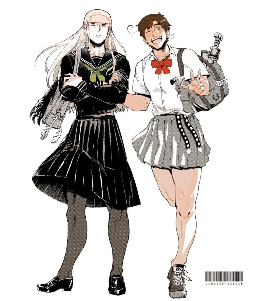 2boys, ahoge, axis_powers_hetalia, bag, bara, black_serafuku, blonde_hair, bow