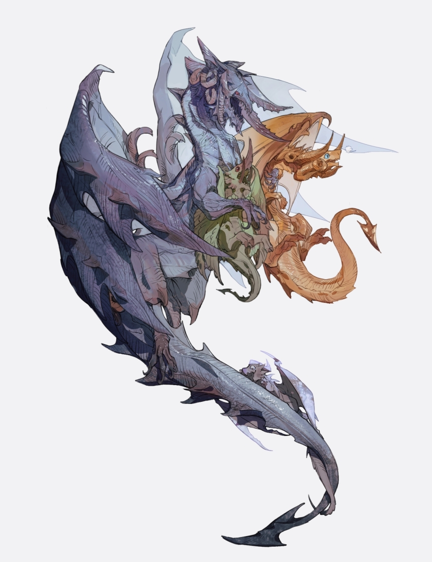 aged_down, blue_eyes, chinese_commentary, claws, commentary_request, curled_horns, dragon, eye_contact, feathered_wings, final_fantasy, final_fantasy_xiv, from_side, full_body, highres, horns, intertwined_tails, looking_at_another, multiple_horns, nidhogg_(ff14), no_humans, open_mouth, purple_eyes, ratatoskr_(ff14), red_eyes, rocco, sharp_teeth, siblings, simple_background, slit_pupils, spiked_tail, spikes, tail, teeth, tioman_(ff14), tusks, vrtra_(final_fantasy), white_background, wings