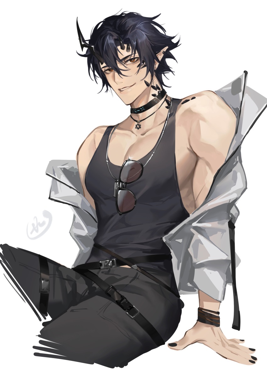 1boy, 70281510, absurdres, arknights, bishounen, black_hair, black_nails, black_shirt