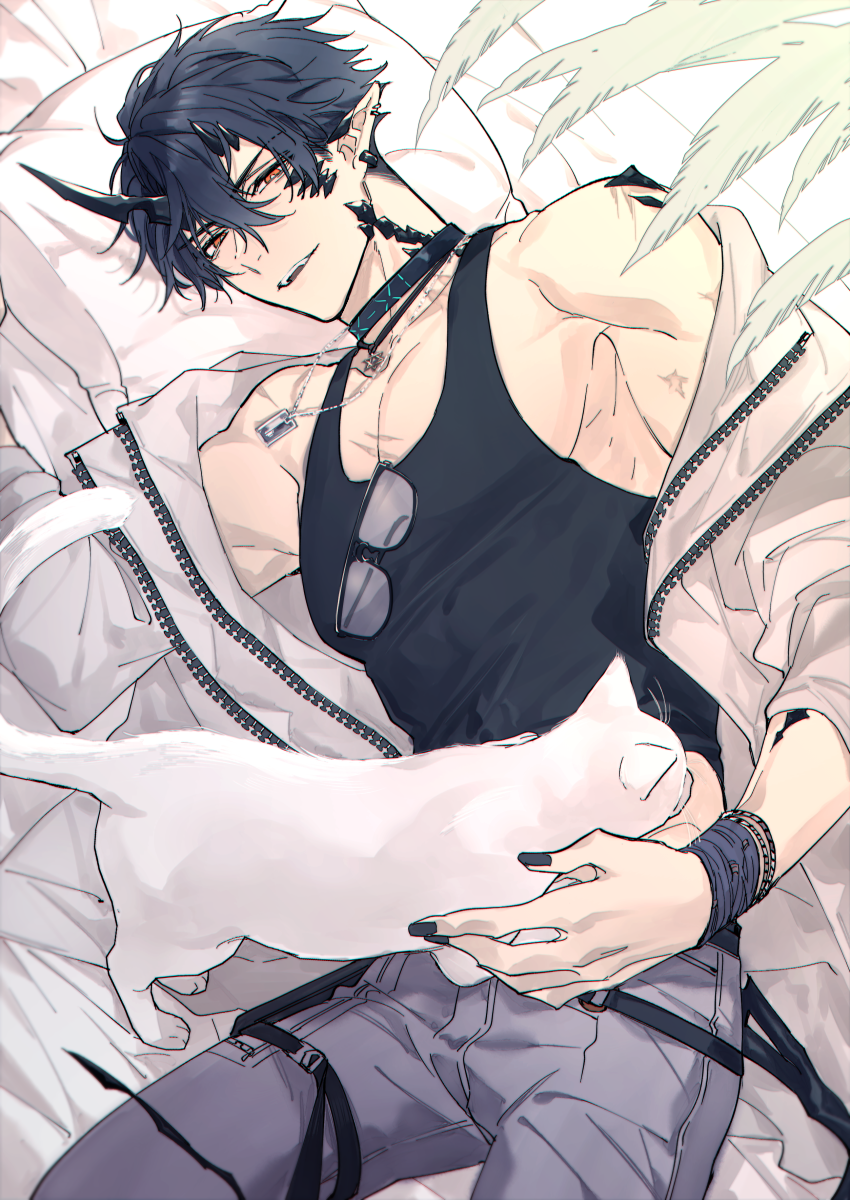 1boy, arknights, bed, bed_sheet, bishounen, black_hair, black_nails, black_shirt
