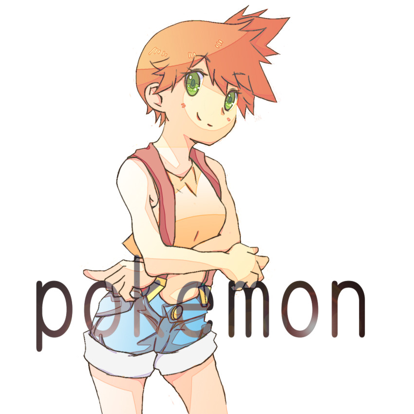 1girl, ankomochi_(tomatoaaa), asymmetrical_hair, blush, breasts, denim, denim_shorts, green_eyes