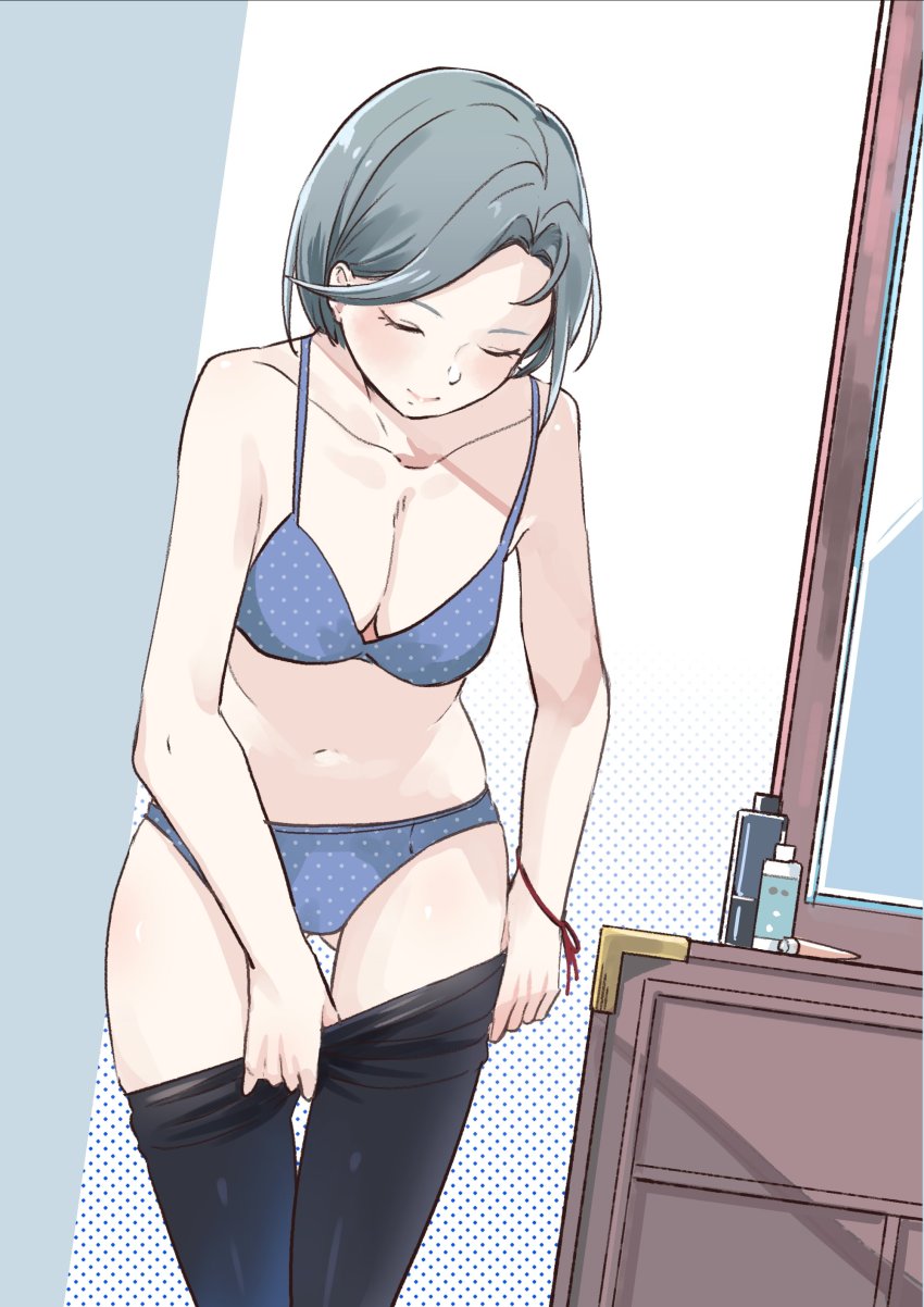 1girl, absurdres, bra, breasts, cleavage, closed_eyes, cowboy_shot, doushi_tatsu_to_dekkai_no, dressing, forehead, gluteal_fold, grey_bra, grey_hair, grey_panties, highres, kantai_collection, looking_down, medium_breasts, panties, polka_dot, polka_dot_bra, polka_dot_panties, short_hair, solo, standing, swept_bangs, tamanami_(kancolle), underwear, underwear_only