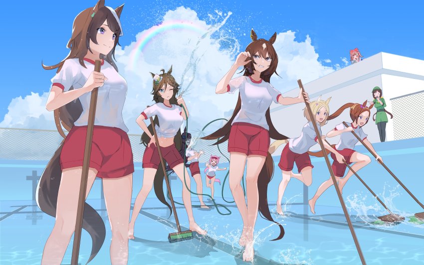 >_<, 6+girls, =_=, absurdres, agnes_digital_(umamusume), ahoge, animal_ears, barefoot, black_hair, blonde_hair, blowing_whistle, blush, breasts, brown_hair, chain-link_fence, clenched_teeth, cloud, day, fence, green_eyes, gym_uniform, hairband, hand_on_own_hip, haru_urara_(umamusume), hat, hayakawa_tazuna, highres, holding, holding_hose, horse_ears, horse_girl, horse_tail, hose, long_hair, medium_breasts, mini_hat, mini_top_hat, mop, mr._c.b._(umamusume), multicolored_hair, multiple_girls, narita_top_road_(umamusume), one_eye_closed, outdoors, pink_hair, pointing, ponytail, pool, purple_eyes, rain, red_shorts, rice_shower_(umamusume), running, sakura_bakushin_o_(umamusume), shi_(pou9f), shirt, short_hair, short_sleeves, shorts, sirius_symboli_(umamusume), standing, streaked_hair, symboli_rudolf_(umamusume), tail, teeth, tied_shirt, top_hat, umamusume, water, wet, wet_clothes, wet_hair, white_shirt