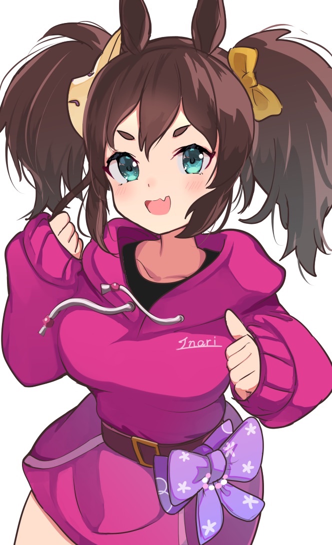 1girl, animal_ears, belt, blush, breasts, brown_hair, cowboy_shot, fang