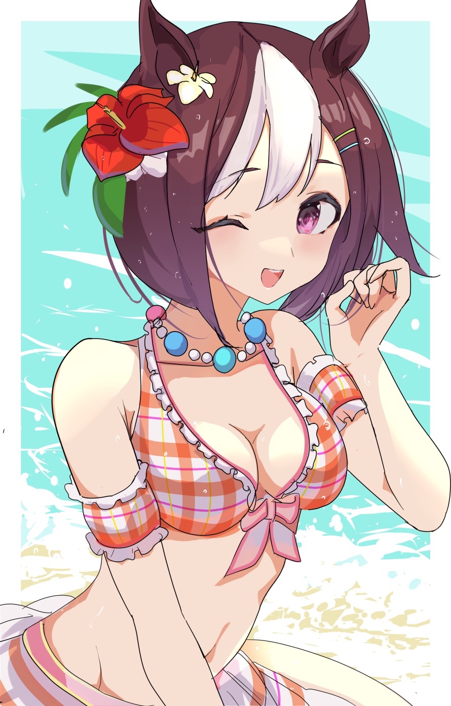 1girl, animal_ears, arm_garter, bare_shoulders, bead_necklace, beads, bikini, bikini_skirt, breasts, brown_hair, cleavage, flower, groin, hair_flower, hair_ornament, hairclip, halterneck, hand_up, hibiscus, highres, horse_ears, jewelry, looking_at_viewer, multicolored_hair, navel, necklace, one_eye_closed, open_mouth, plaid_bikini, plaid_clothes, purple_eyes, shi_(pou9f), sitting, small_breasts, smile, solo, special_week_(hopp'n_happy_heart)_(umamusume), special_week_(umamusume), swimsuit, two-tone_hair, umamusume, upper_body