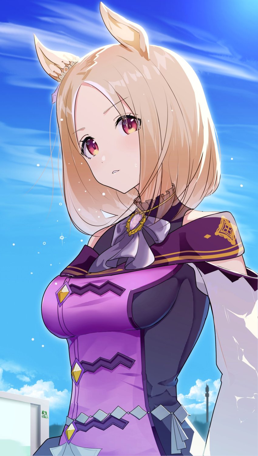 1girl, absurdres, animal_ears, bag, blonde_hair, bow, bowtie, breasts