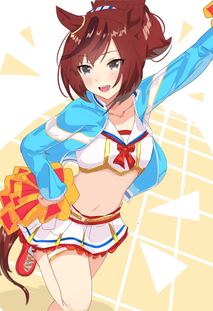 1girl, arm_up, blue_jacket, blush, breasts, brown_hair, crop_top, grey_eyes