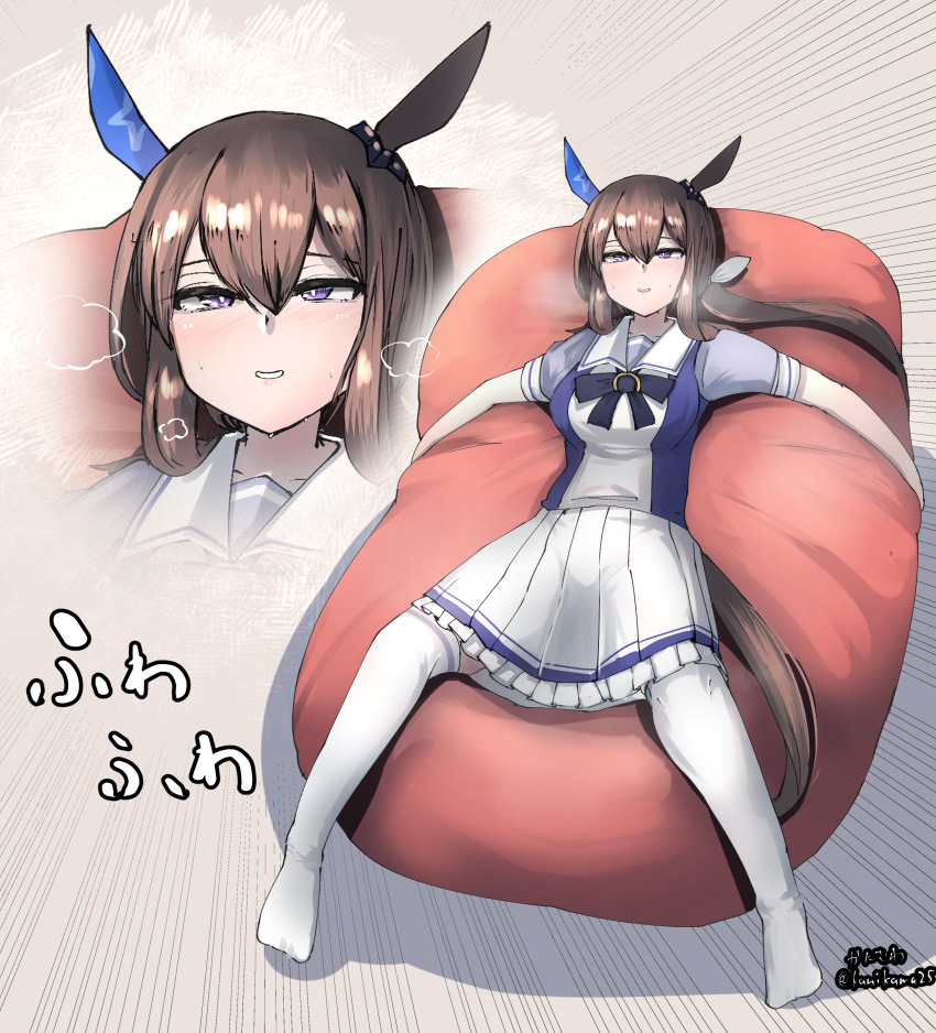 1girl, absurdres, admire_vega_(umamusume), animal_ears, bean_bag_chair, black_hair, breasts, commentary_request